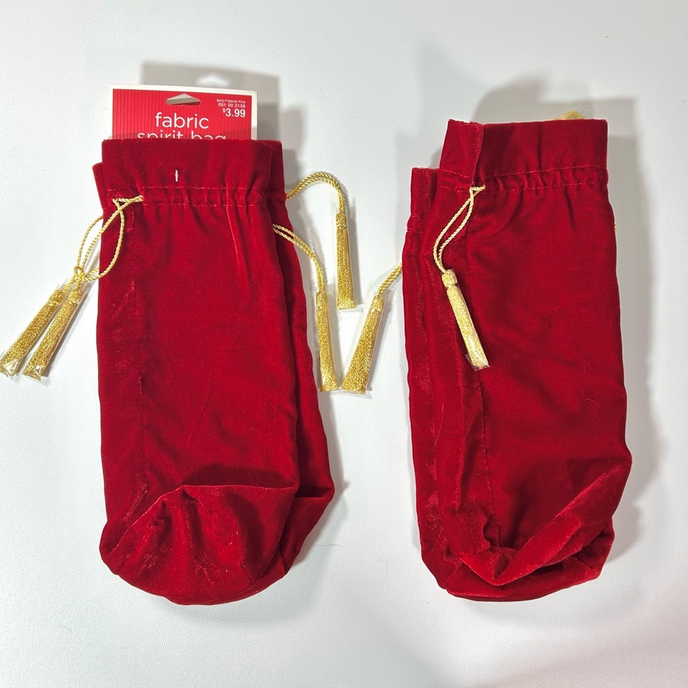 4 Fabric Spirit Velvet Red Christmas Holiday Gift Bags With Golden Drawstrings
